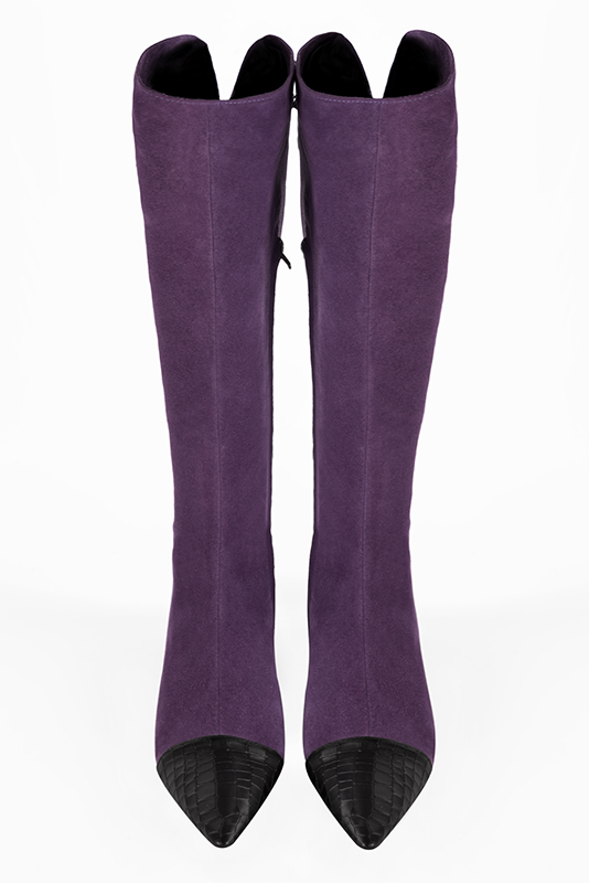 Satin black and amethyst purple women's knee-high boots, with laces at the back. Tapered toe. Low flare heels. Made to measure. Top view - Florence KOOIJMAN